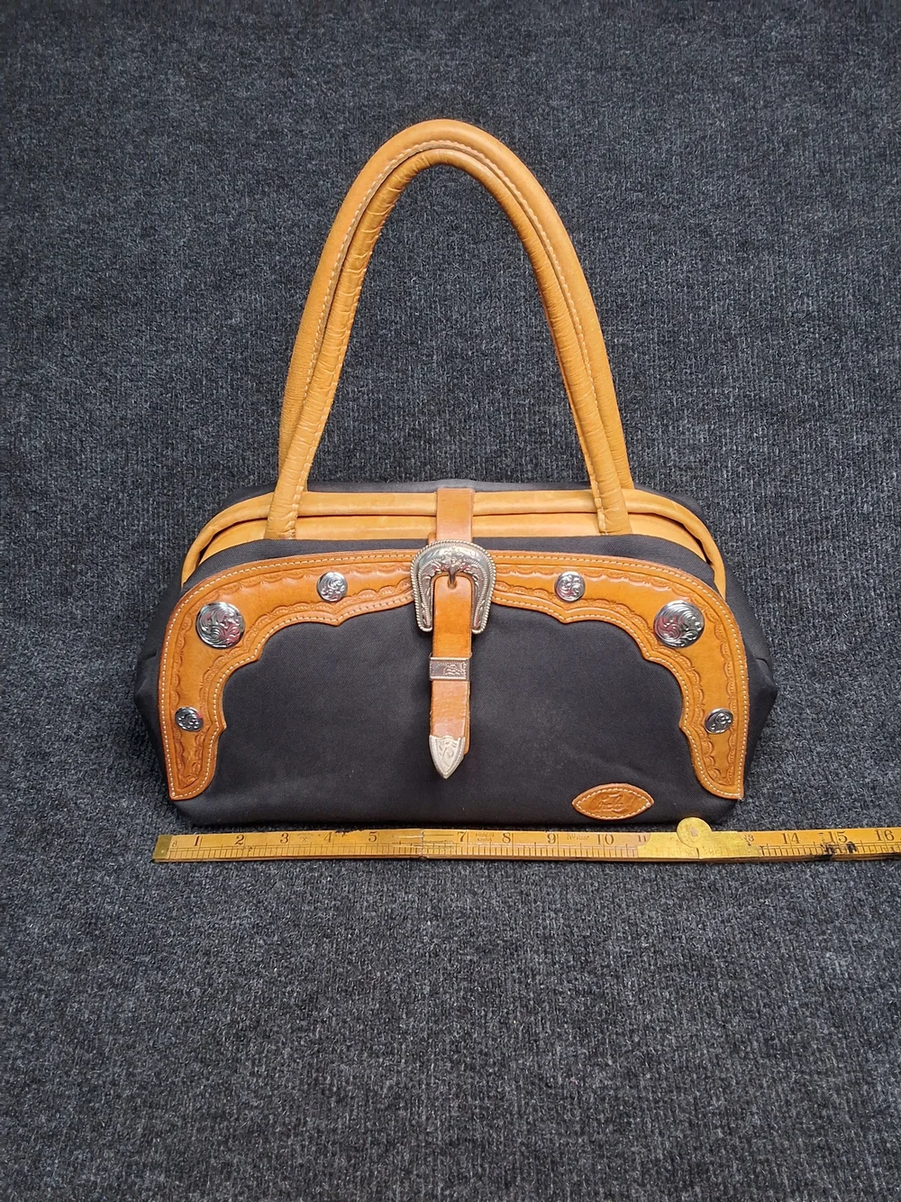 Tan and Black Leather Accent Satchel Handbag
